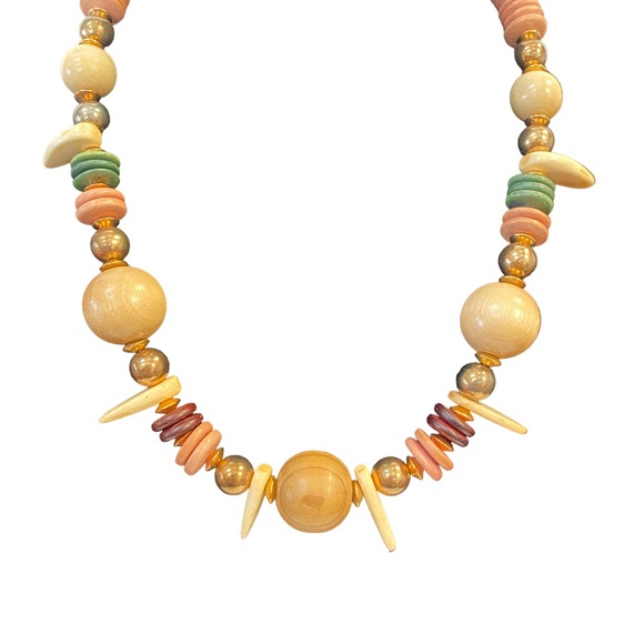 Designed By Paula Brand Ivory Green Brown Pink Wood Chunky Beaded Necklace - Picture 3 of 6